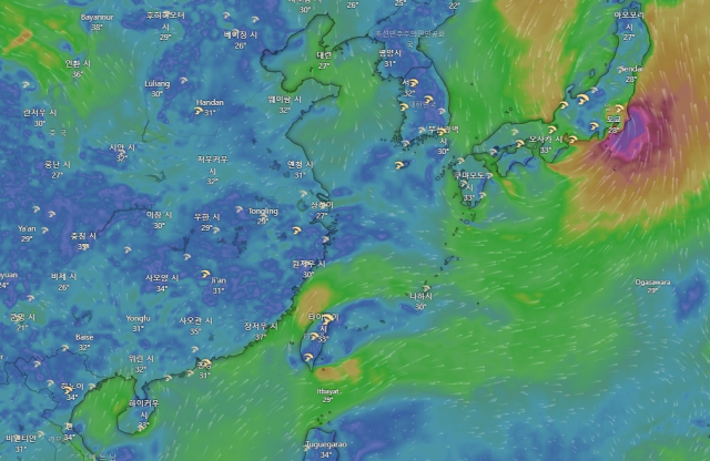 유럽중기예보센터(ECMWF) 모델 예상 6호 태풍 카눈 8월 9일 낮 12시 위치