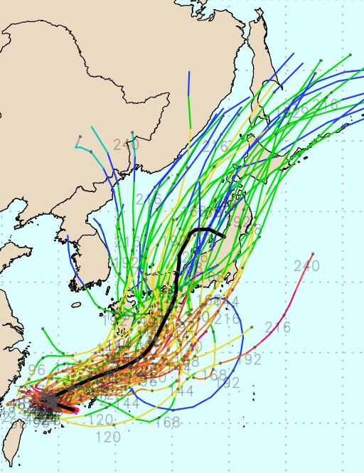 ECMWF Ensemble 모델 6호 태풍 카눈 예상경로. 8월 2일 예상 기준