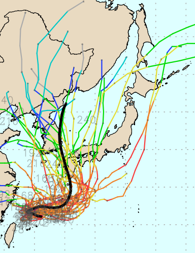 GFS Ensemble 모델 6호 태풍 카눈 예상경로. 8월 2일 예상 기준