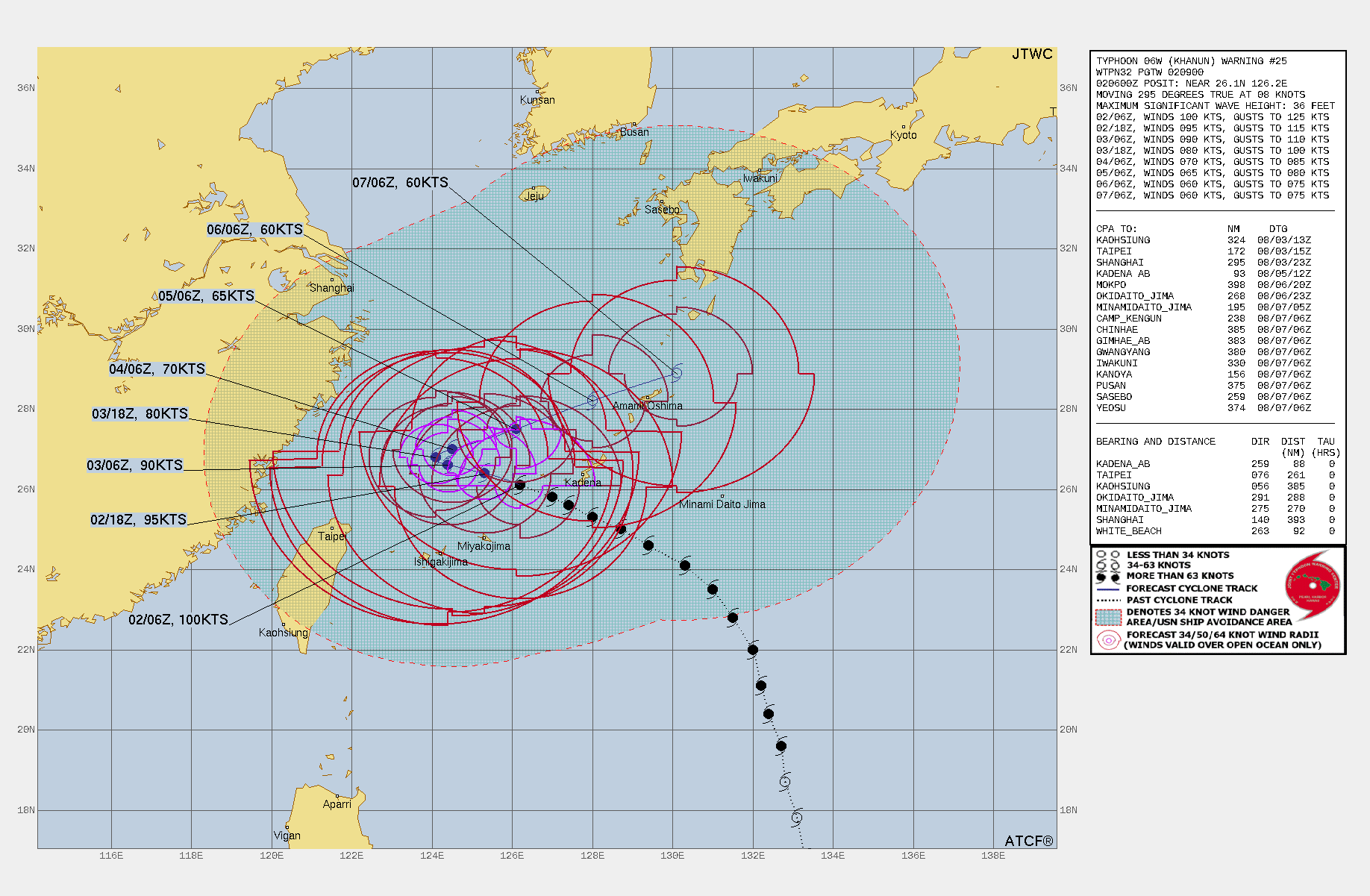 미국 합동태풍경보센터(JTWC, Joint Typhoon Warning Center) 6호 태풍 카눈 예상경로