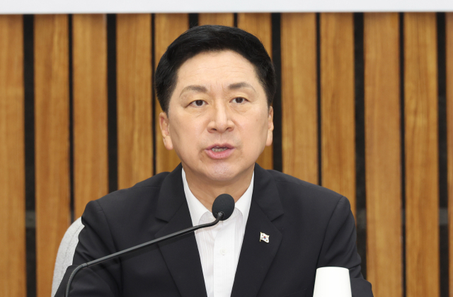 국민의힘 김기현 대표가 28일 오전 서울 여의도 국회에서 열린 유·보 관리체계 일원화 방안 관련 당정협의회에서 발언하고 있다. 연합뉴스