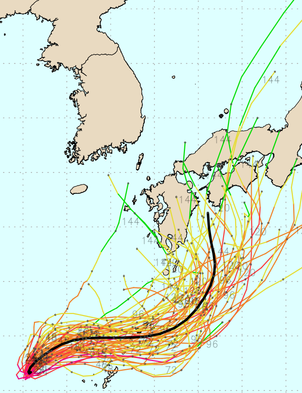 ECMWF Ensemble 모델 6호 태풍 카눈 예상경로. 8월 3일 예상 기준