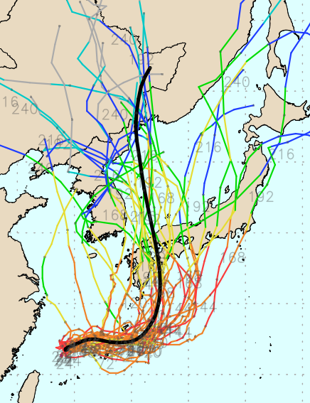 GFS Ensemble 모델 6호 태풍 카눈 예상경로. 8월 3일 예상 기준