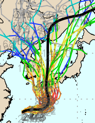 GFS Ensemble 모델 6호 태풍 카눈 예상경로. 8월 4일 예상 기준