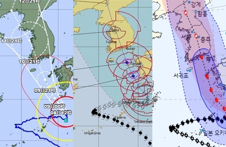 (왼쪽부터)일본·미국·한국 기상당국 예상 6호 태풍 카눈 한반도 상륙 지점 및 이후 경로