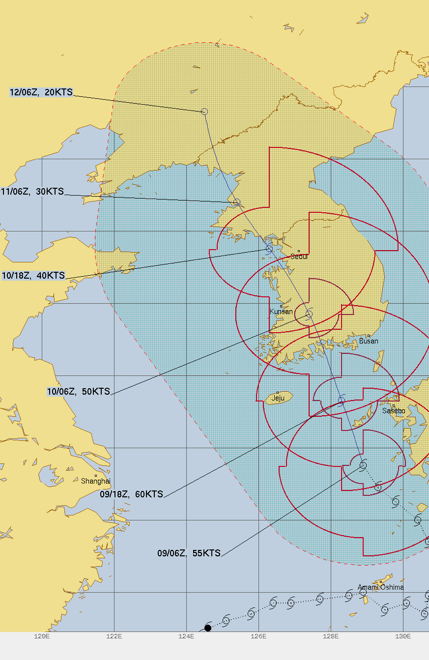 미국 합동태풍경보센터(JTWC, Joint Typhoon Warning Center) 6호 태풍 카눈 예상경로