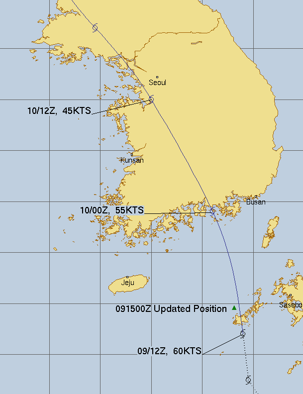 미국 합동태풍경보센터(JTWC, Joint Typhoon Warning Center) 6호 태풍 카눈 예상경로