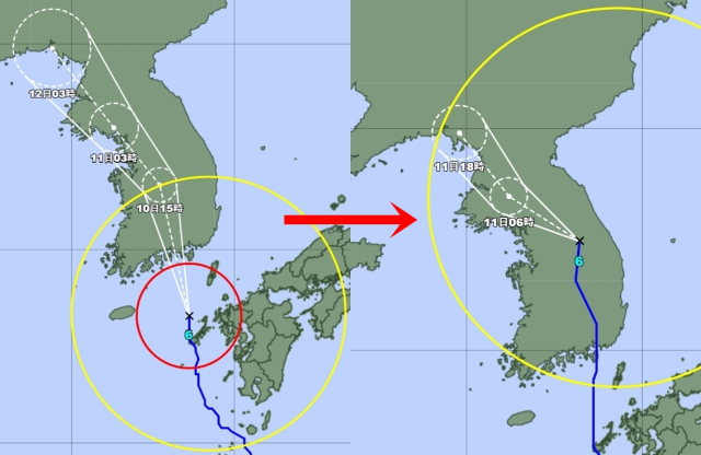 일본기상청 6호 태풍 카눈 예상경로. 왼쪽이 10일 오전 3시, 오른쪽이 10일 오후 6시 발표 내용
