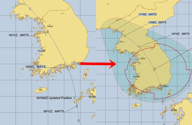 미국 합동태풍경보센터(JTWC, Joint Typhoon Warning Center) 6호 태풍 카눈 예상경로. 왼쪽이 10일 새벽, 오른쪽이 10일 오후 발표 내용