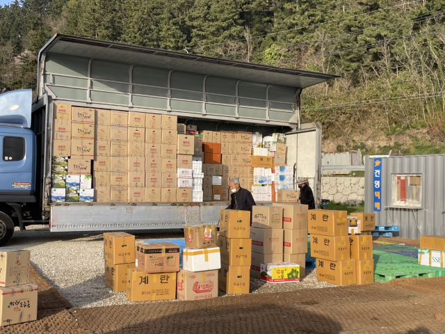 울릉군 울릉읍 사동항에서 택배를 싣고 있는 화물차량 모습. 울릉군청 제공.