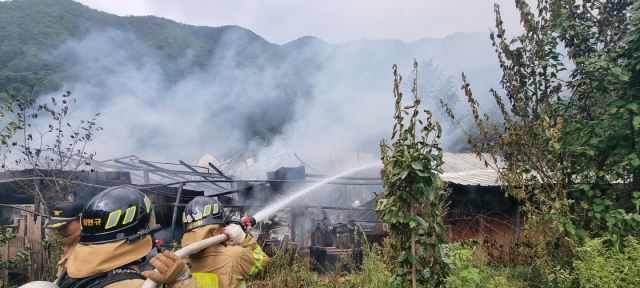 지난 22일 오전 9시 19분쯤 영양군 석보면 한 주택 고추 건조 창고에서 화재가 발생해 출동한 소방대원들이 진화작업을 벌이고 있다. 안동소방서 제공