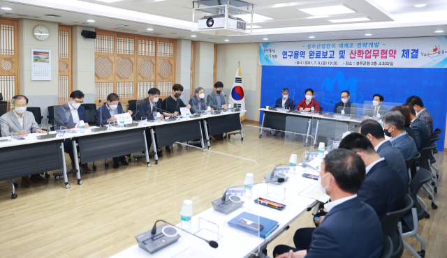 성주군은 지역기업 경쟁력 향상을 위해 수시로 관계자간 소통 기회를 갖고 있다. 사진은 성주산업단지 대개조 전략개발 용역 보고회 모습. 성주군 제공