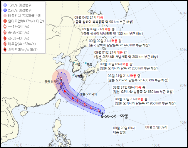 기상청 30일 오후 10시 발표 11호 태풍 하이쿠이 예상경로