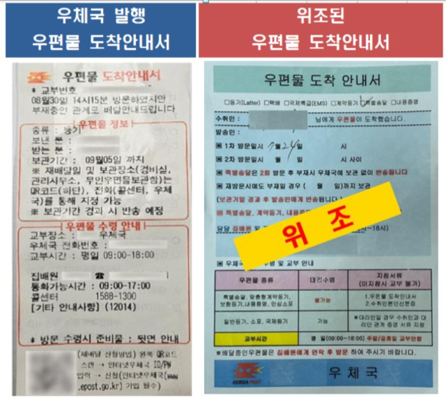정상적인 우편물 도착 안내서(왼쪽)와 위조된 우편물 도착 안내서. 경주경찰서 제공