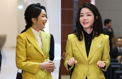 김건희 여사가 올해 1월 아랍에미리트(UAE) 두바이 공주 면담 때(왼쪽) 및 이어진 2월 한국 수어의 날 기념식 때 같은 노란색 재킷을 입었다. 연합뉴스