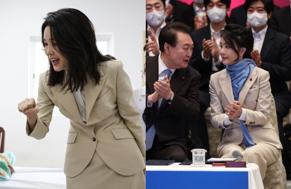 김건희 여사가 지난해 11월 캄보디아 병원 방문 때(왼쪽) 및 이어진 12월 미래 과학자와의 대화 행사 때 같은 베이지색 재킷을 입었다. 연합뉴스, 대통령실