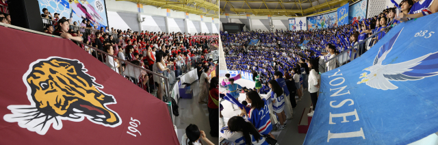 정기 고연전(짝수 해는 연고전)이 열린 8일 오후 서울 양천구 목동아이스링크에서 연세대학교와 고려대학교 학생들이 아이스하키 경기 응원을 하고 있다. 연합뉴스