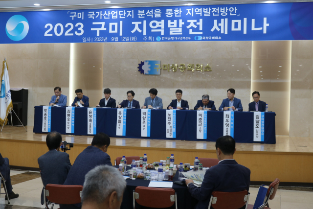 12일 오전 한국은행 대구경북본부와 구미상공회의소가 공동 주최한 구미발전방안 세미나에서 패널들이 토론을 하고 있다, 구미상의 제공