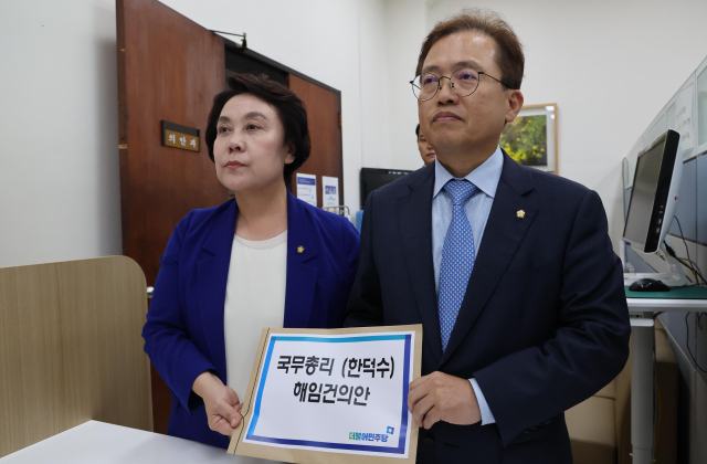 더불어민주당 송기헌 원내수석부대표(오른쪽)와 정춘숙 원내정책수석부대표가 18일 국회 의안과에 한덕수 국무총리 해임건의안을 제출하고 있다. 연합뉴스