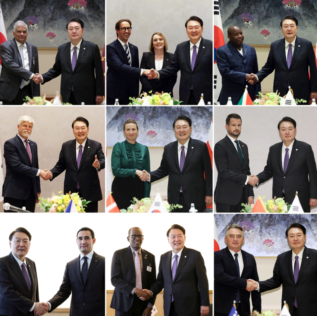 유엔총회 참석차 미국 뉴욕을 방문한 윤석열 대통령이 방미 첫날인 18일(현지시간) 2030부산세계박람회(엑스포) 유치를 위해 9개국 정상과 단독정상회담을 가졌다. 맨위 왼쪽부터 한·스리랑카 정상회담, 한·산마리노 정상회담, 한·부룬디 정상회담. 가운데 왼쪽부터 한·체코 정상회담, 한·덴마크 정상회담, 한·몬테그로 정상회담. 맨아래 왼쪽부터 한·투르크메니스탄 정상회담, 한·세인트루시아 정상회담, 한·보스니아 헤르체고비나 정상회담. 연합뉴스