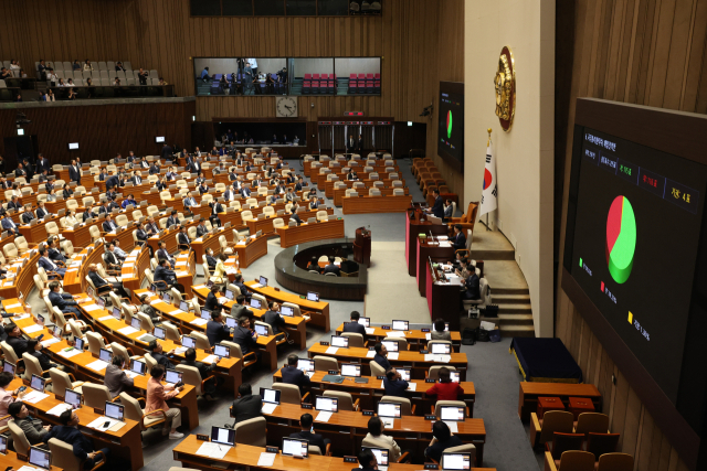 21일 국회 본회의장에 한덕수 국무총리 해임건의안 표결 결과가 나오고 있다. 연합뉴스
