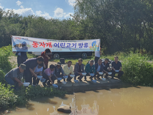 경북 구미시는 선산읍 독동리 낙동강 우안 구미보 인근 지점에 도‧시의원, 환경단체 대표 등 20여 명이 모인 가운데 지난 22일 동자개 어린 물고기 6만 6천 마리를 방류했다. 구미시 제공