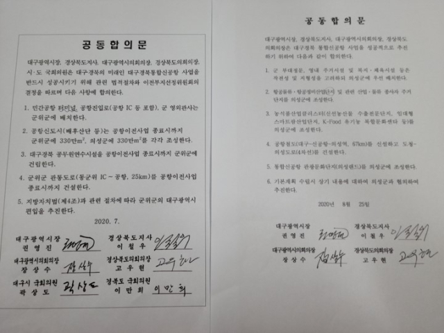 대구경북신공항 유치 신청을 위해 군위군과 의성군, 대구광역시, 경상북도 등 비롯한 이해 관계자들이 2020년 7월과 2020년 8월 작성한 공동합의문. 대구시의회