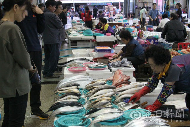 지난달 경북 포항 죽도어시장에서 손님들이 수산물 가판을 둘러보고 있다. 신동우 기자