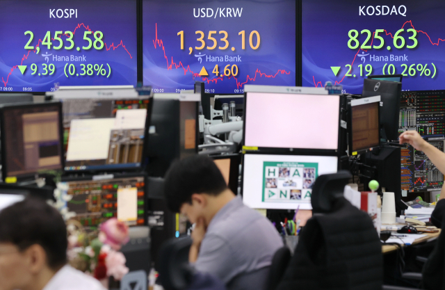 코스피가 전 거래일보다 1498포인트 내린 2447.99에 개장한 27일 오전 서울 중구 하나은행 본점 딜링룸에서 직원들이 업무를 보고 있다. 이날 원·달러 환율은 전 거래일보다 6.5원 오른 1355.00원에 개장했다. 연합뉴스