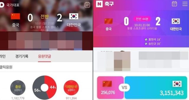 다음(왼쪽)과 네이버(포털) 아시안게임 축구 8강전 응원 페이지. 김미애 의원 페이스북