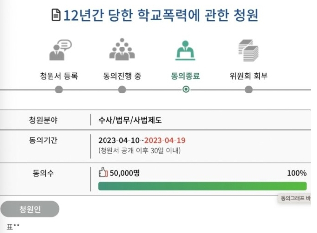 표예림 씨는 학교폭력 공소시효와 사실적시 명예훼손 등 학폭 가해자에게 유리하게 적용될 수 있는 조항을 폐지해 달라며 지난 4월