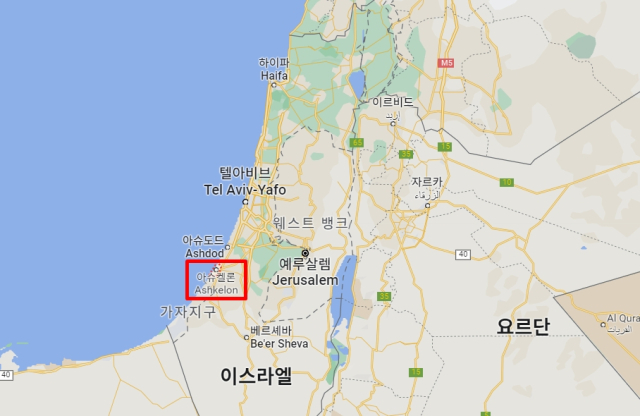 아스글론(Ashkelon, 아슈켈론) 위치. 바로 남서쪽 10여km 거리에 하마스의 본거지인 가자지구가 위치해 있다. 구글맵