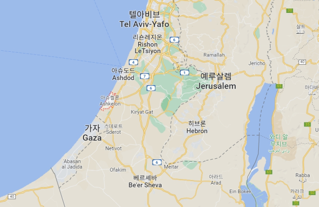 아스글론(Ashkelon, 아슈켈론) 위치. 바로 남서쪽 10여km 거리에 하마스의 본거지인 가자지구가 위치해 있다. 구글맵