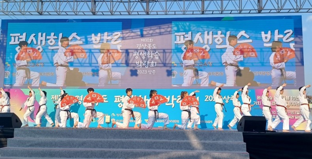 제10회 경상북도 평생학습박람회 동아리 경연대회에 참가해 영예의 최우수상을 수상한 영천 아리랑태무시범단팀의 태무 공연 모습. 영천교육지원청 제공