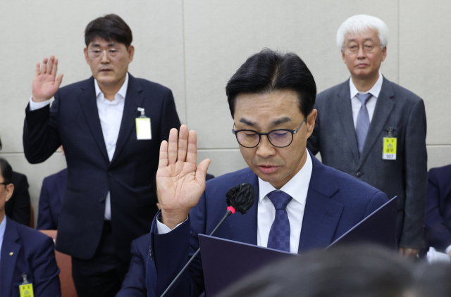 25일 국회 보건복지위원회 국정감사에서 탕후루 설탕 과소비와 관련해 출석한 정철훈 달콤나라앨리스 사내이사(뒷줄 왼쪽) 등이 증인선서를 하고 있다. 연합뉴스