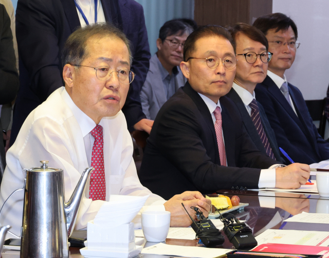 홍준표 대구시장이 30일 국회에서 열린 국민의힘-대구광역시 예산정책협의회에서 발언하고 있다. 연합뉴스