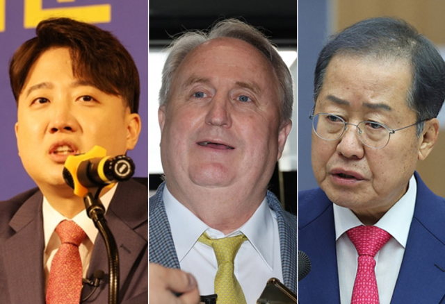 이준석 국민의힘 전 대표(왼쪽부터), 인요한 국민의힘 혁신위원장, 홍준표 대구시장. 연합뉴스