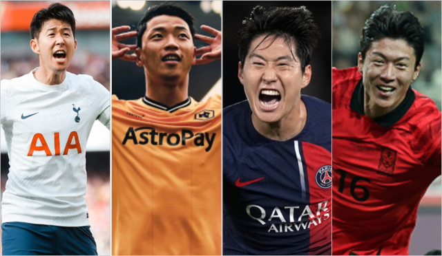 유럽 프로축구 무대에서 뛰고 있는 한국 축구 국가대표 선수들이 연일 공격 포인트를 올리는 등 맹활약을 하고 있다. 왼쪽부터 손흥민, 황희찬, 이강인, 황의조 선수. 연합뉴스