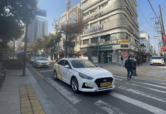 1일 오전 9시쯤 대구 중구의 대중교통전용도로에서 횡단보도를 건너는 행인 사이로 택시가 지나가고 있다. 대중교통전용지구 일부 구간이 해제돼 일반 차량도 이용할 수 있게 되면서 이날 신호등이 없는 횡단보도를 지나는 행인과 택시들이 뒤엉키는 위험천만한 상황도 연출됐다. 한소연 기자