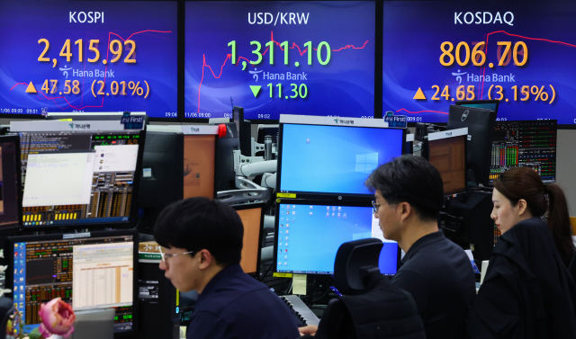 국내 증시 전체 종목에 대한 공매도 전면 금지가 시행된 첫날인 6일 오전 서울 중구 하나은행 본점 딜링룸 현황판에 코스피, 원/달러 환율, 코스닥 지수가 표시돼 있다. 연합뉴스