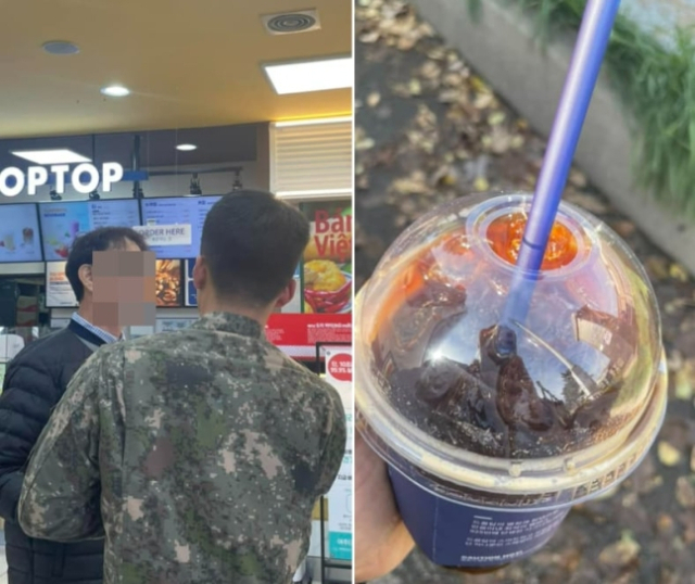 휴게소에서 만난 후배 군 장병들을 위해 커피 30여 잔을 사주고 떠난 남성과 그가 사준 커피. 페이스북 