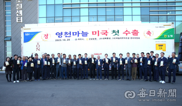 영천시는 농식품 미국 수출 개척단을 구성해 뉴욕 현지에서 마늘 등 지역 농식품 수출 및 판로 개척에 나선다. 사진은 지난달 20일 신녕농협 마늘출하조절센터에서 열린 영천마늘 미국 첫 수출 선적식 모습. 매일신문DB
