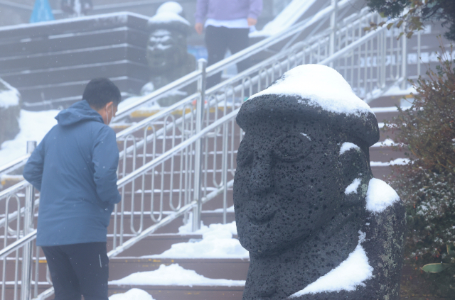 제주도 산지에 대설경보가 발효된 17일 오전 한라산 1100고지 돌하르방에 눈이 쌓여 있다. 연합뉴스