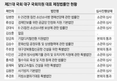 제21대 국회 대구 국회의원 대표 제정법률안 현황