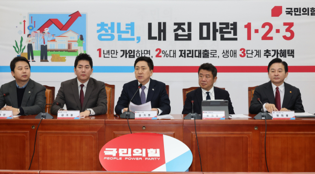 국민의힘 김기현 대표가 24일 국회에서 열린 청년의 주택 마련 지원 당정협의회에서 발언하고 있다. 연합뉴스
