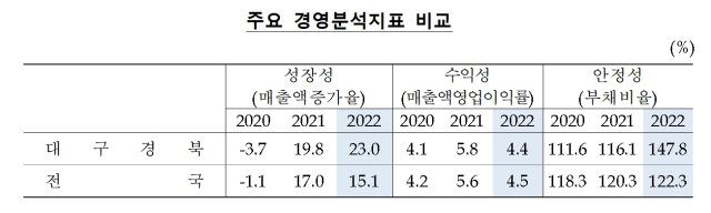2022년 대구경북지역 기업경영분석 결과. 한국은행 대구경북본부 제공