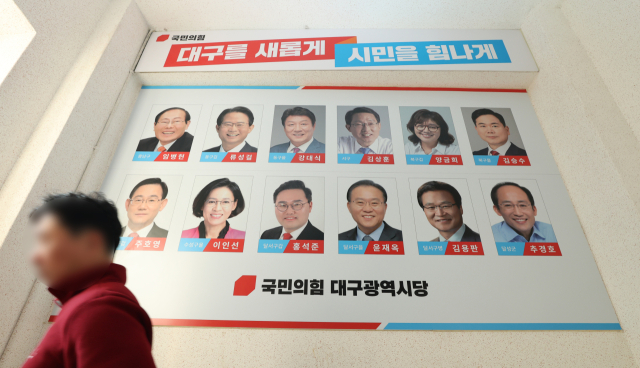27일 국민의힘 대구시당 벽에 붙은 지역구 국회의원 사진 앞으로 당직자가 지나가고 있다. 국민의힘은 이날 내년 총선을 앞두고 고강도로 실시한 당무감사 결과와 함께 대략적인 하위권 컷오프 비율 등을 발표했다. 김영진 기자 kyjmaeil@imaeil.com