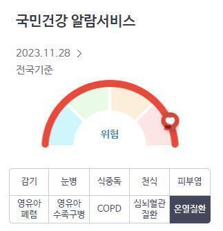 지난 28일 건보공단 홈페이지에서 온열질환 위험을 알리고 있는 지표