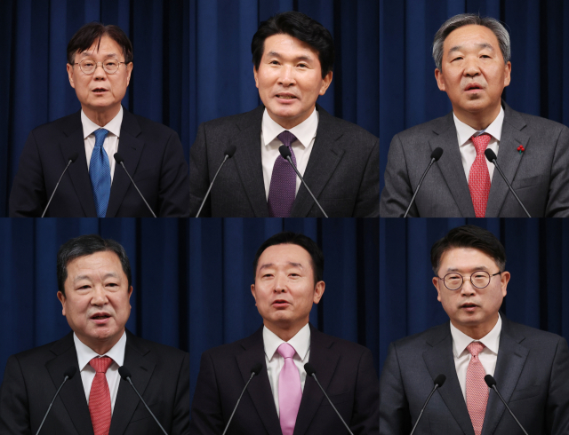 윤석열 대통령은 30일 대통령실에 정책실장직을 신설키로 하고 이관섭 국정기획수석비서관을 승진 기용했다. 윤 대통령은 이날 정무수석에 한오섭 국정상황실장, 홍보수석에 이도운 대변인을 승진 임명하는 등 대통령실 수석비서관 전원을 교체했다. 시민사회수석에는 황상무 전 KBS 앵커, 경제수석에 박춘섭 한국은행 금융통화위원, 사회수석에 장상윤 교육부 차관을 각각 기용했다. 사진 윗줄 왼쪽부터 이관섭 대통령실 정책실장, 황상무 시민사회수석, 한오섭 정무수석. 아랫줄 왼쪽부터 박춘섭 경제수석, 이도운 홍보수석, 장상윤 사회수석. 연합뉴스