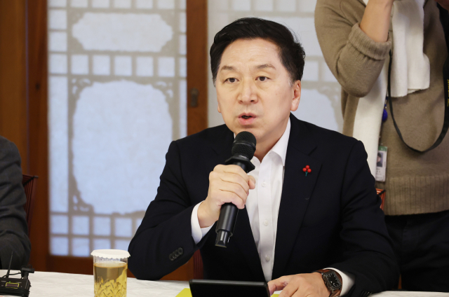 국민의힘 김기현 대표가 3일 오후 서울 종로구 삼청동 총리 공관에서 열린 고위 당·정·대 협의회에서 발언하고 있다. 연합뉴스